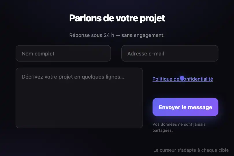 Formulaire d'inscription ou de contact — champs hétérogènes — Cursor Morph exemple 1