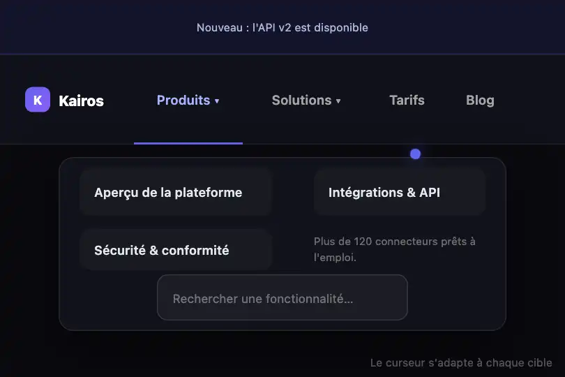 Barre de navigation — liens et déclencheurs de sous-menu — Cursor Morph exemple 2