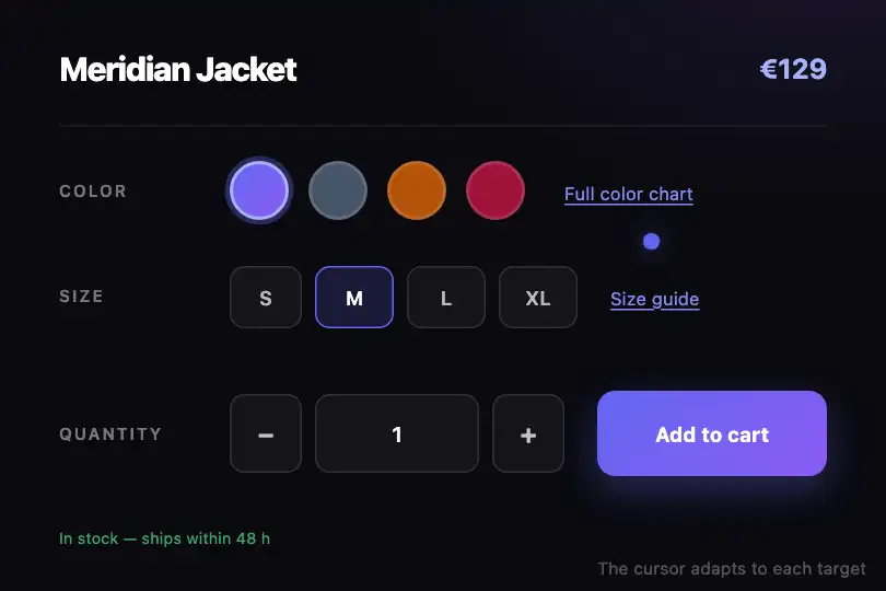 Product configurator — swatches, quantity field and size guides — Cursor Morph example 3
