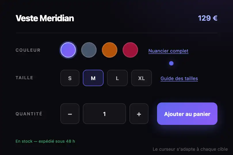 Configurateur produit — swatches, quantité et guides de taille — Cursor Morph exemple 3