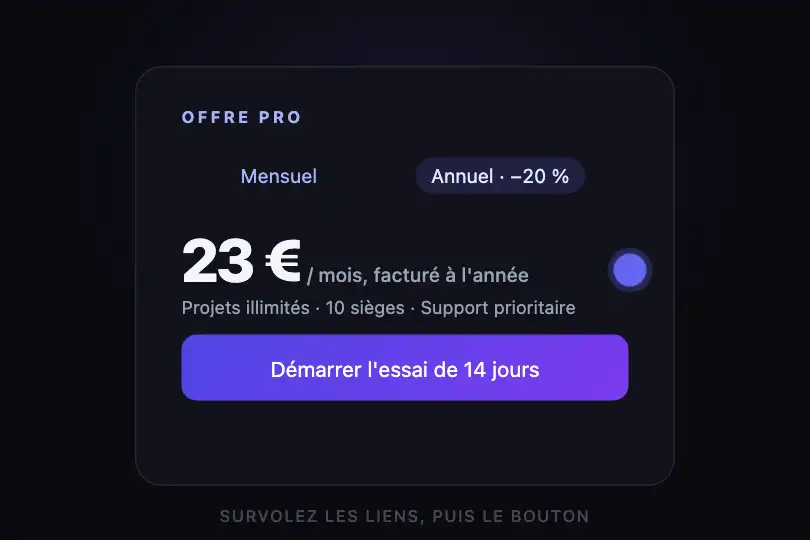 Carte de tarif — bascule mensuel/annuel et bouton d'achat — Cursor Expand exemple 1