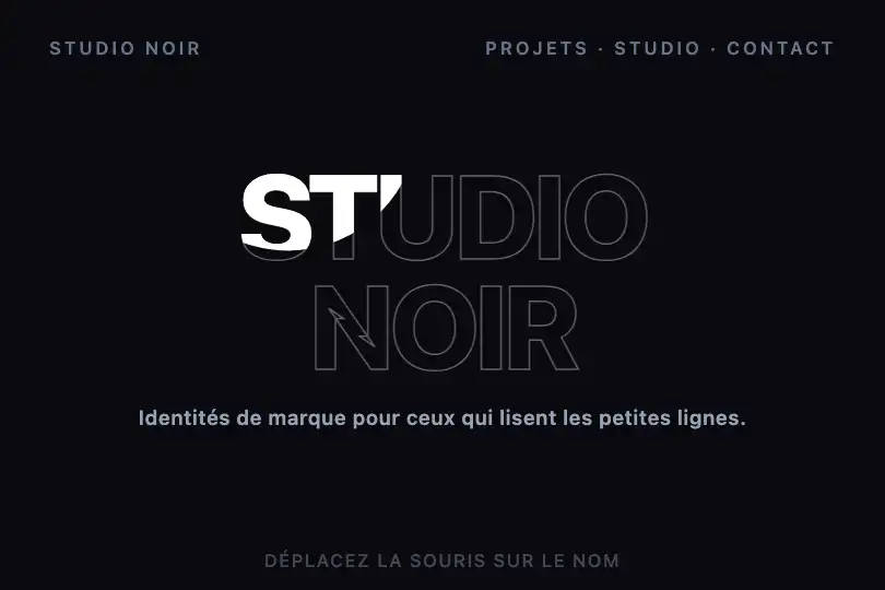 Creative studio hero — outlined name, revealed on hover — Cursor Text Reveal example 1