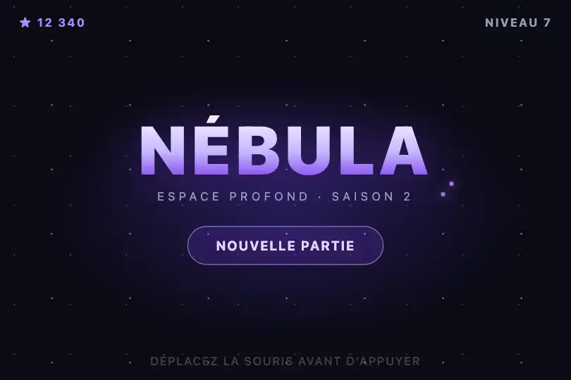 Écran titre — jeu ou application ludique — Trail Particles exemple 3