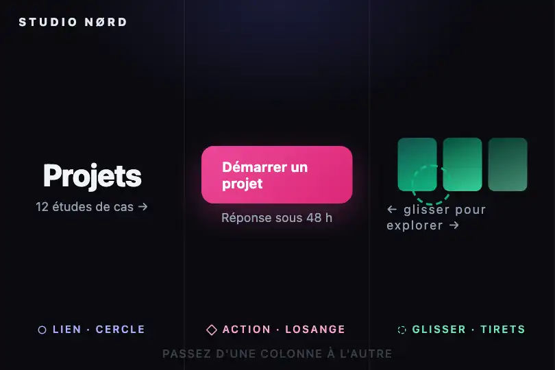 Trois intentions, trois formes — en-tête et hero d'un site de studio — Custom Cursor States exemple 1
