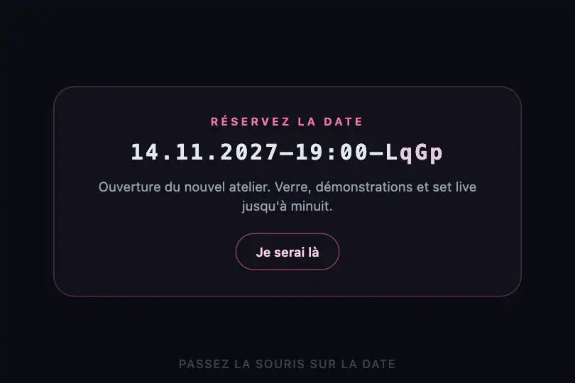 Réservez la date — carte d'invitation — Cursor Text Scramble exemple 3