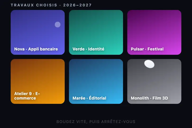 Galerie de projets — vignettes survolées par un disque — Elastic Cursor exemple 1
