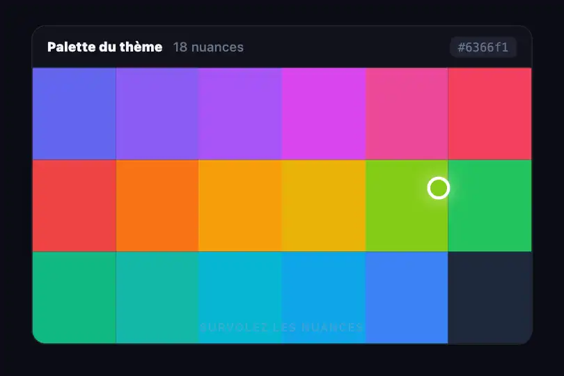 Palette d'un éditeur de thème — 18 nuances à survoler — Cursor Color Sampler exemple 1