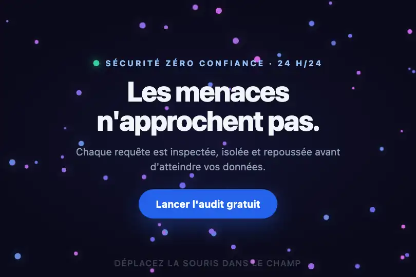 Les menaces n'approchent pas — hero d'une offre de cybersécurité — Gravity Well Cursor exemple 1