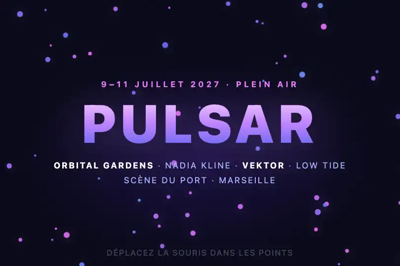 Affiche de festival électro — fond réactif — Gravity Well Cursor exemple 3