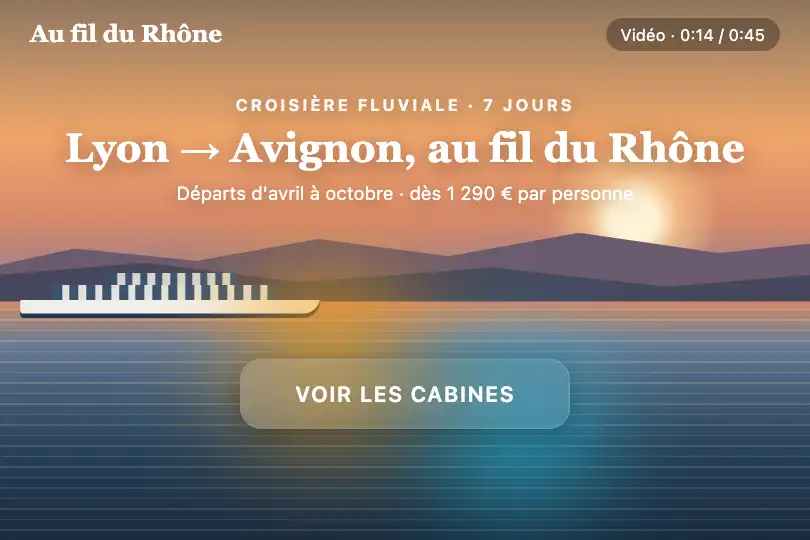 Bouton « Voir les cabines » sur la vidéo du bateau — site d'une croisière fluviale — Glass Morphing Button exemple 1