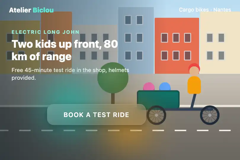 "Book a test ride" button over a cargo bike video — bike shop website — Glass Morphing Button example 2
