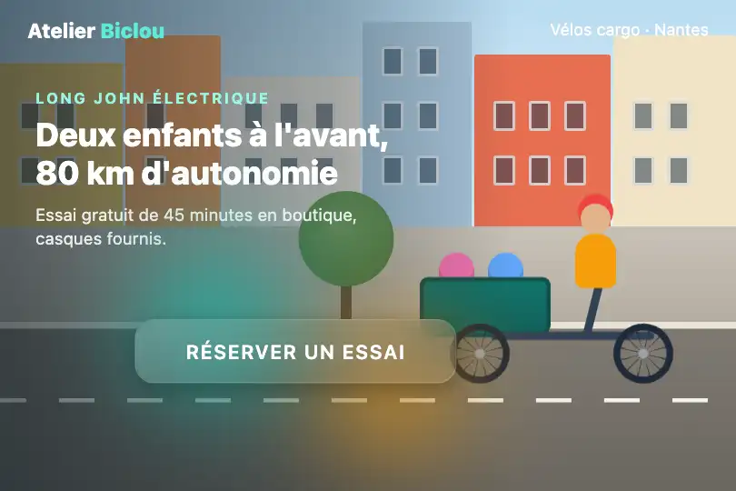 Bouton « Réserver un essai » sur la vidéo d'un vélo cargo — site d'un vélociste — Glass Morphing Button exemple 2