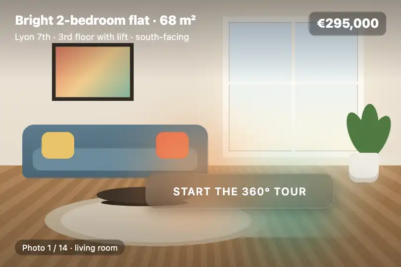 "Start the 360° tour" button over the living-room photo — estate agency listing — Glass Morphing Button example 3
