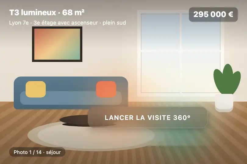 Bouton « Lancer la visite 360° » sur la photo du séjour — annonce d'une agence immobilière — Glass Morphing Button exemple 3