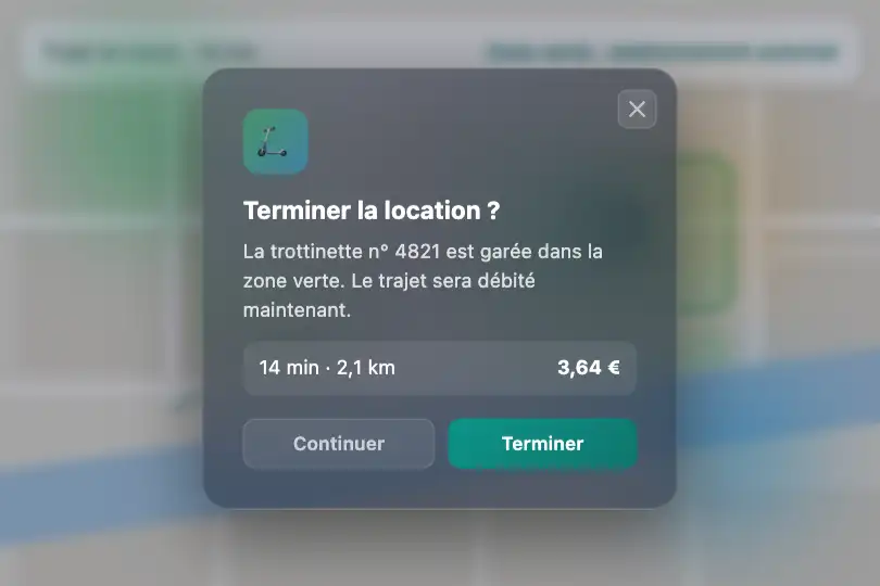 Confirmer la fin de location d'une trottinette — appli de mobilité partagée — Confirmation exemple 1