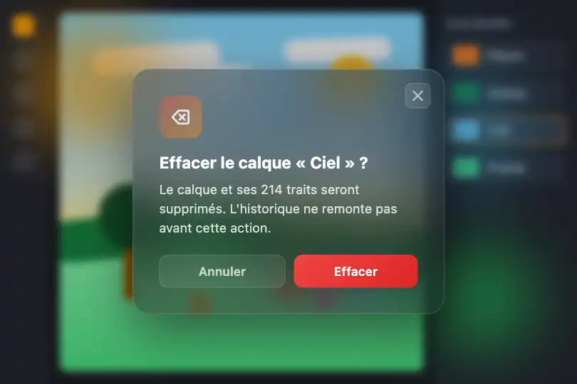 Confirmer l'effacement d'un calque — appli de dessin sur tablette — Confirmation exemple 3