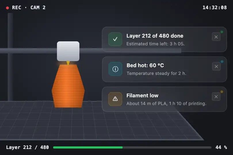 3D printer feedback over the camera feed — fabrication workshop interface — Glass Notification example 1