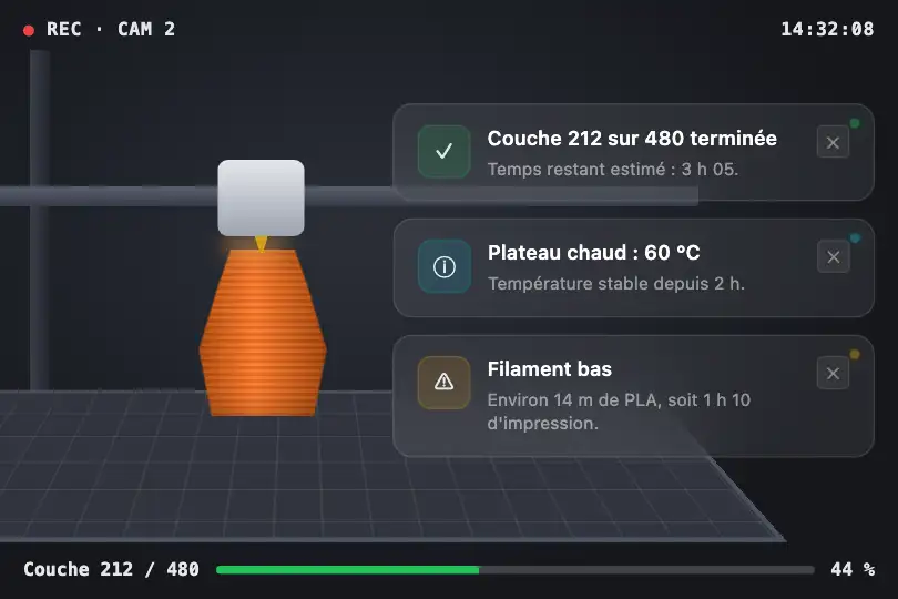 Retours d'une imprimante 3D sur le flux caméra — interface d'un atelier de fabrication — Glass Notification exemple 1