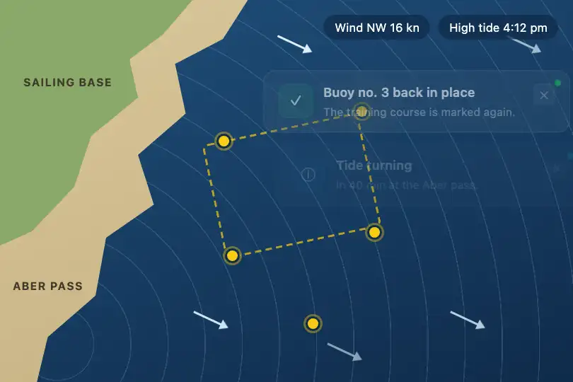 Wind and tide alerts over the coastal map — dinghy sailing app — Glass Notification example 2