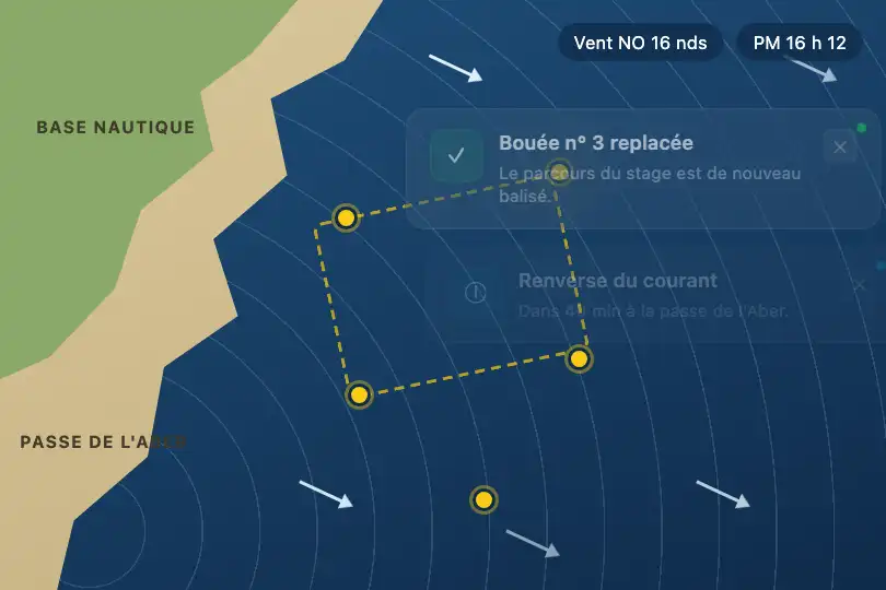 Alertes de vent et de marée sur la carte côtière — appli de voile légère — Glass Notification exemple 2