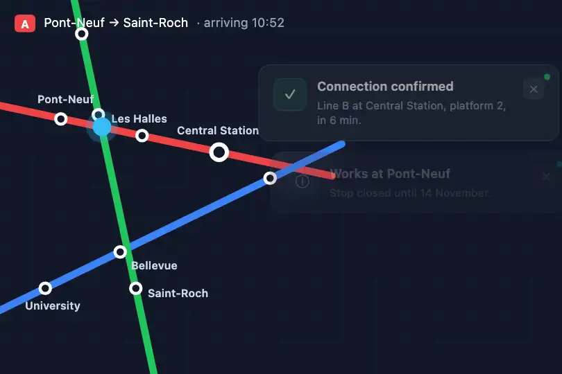 Platform announcements over the network map — tram network app — Glass Notification example 3