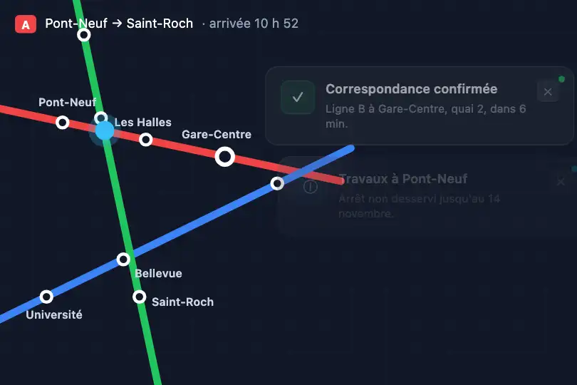 Annonces de quai sur le plan du réseau — appli d'un réseau de tramway — Glass Notification exemple 3