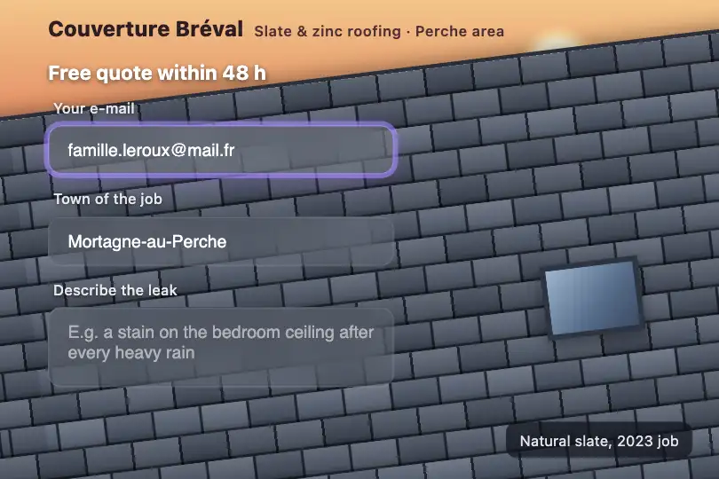 A quote request over a photo of a roof — a roofer's website — Glass Input example 1