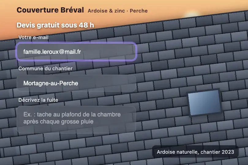 Demande de devis sur la photo d'une toiture — site d'un couvreur — Glass Input exemple 1