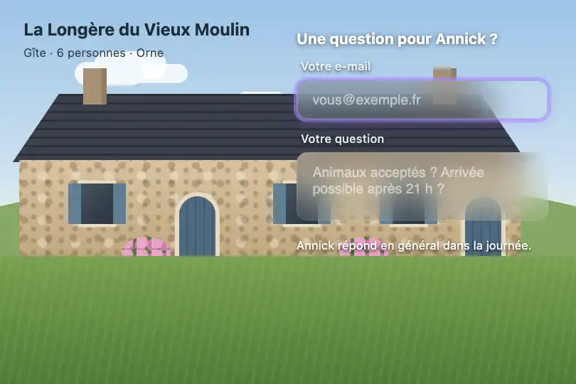 Message au propriétaire sur la photo du gîte — page de réservation d'un gîte rural — Glass Input exemple 2