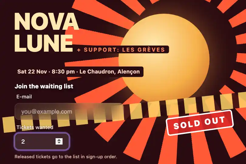 Waiting list for a sold-out gig — a live music venue's ticketing page — Glass Input example 3