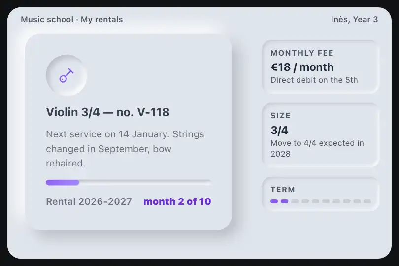 Instrument rented to a pupil — a music school's app — Neu Card example 2