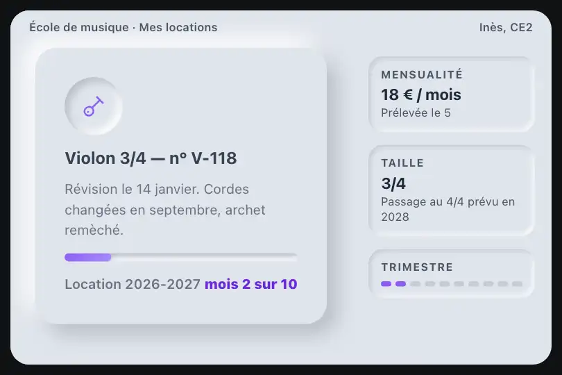 Instrument loué à un élève — appli d'une école de musique — Neu Card exemple 2