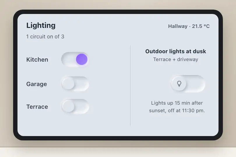 House lighting circuits — wall-mounted home automation panel — Neu Toggle example 1