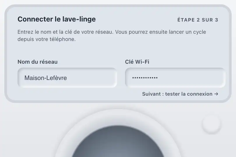 Saisir la clé Wi-Fi — écran d'un lave-linge connecté — Neu Input exemple 2