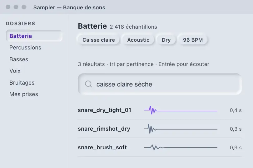 Chercher un échantillon — banque de sons d'un sampler logiciel — Neu Input exemple 3
