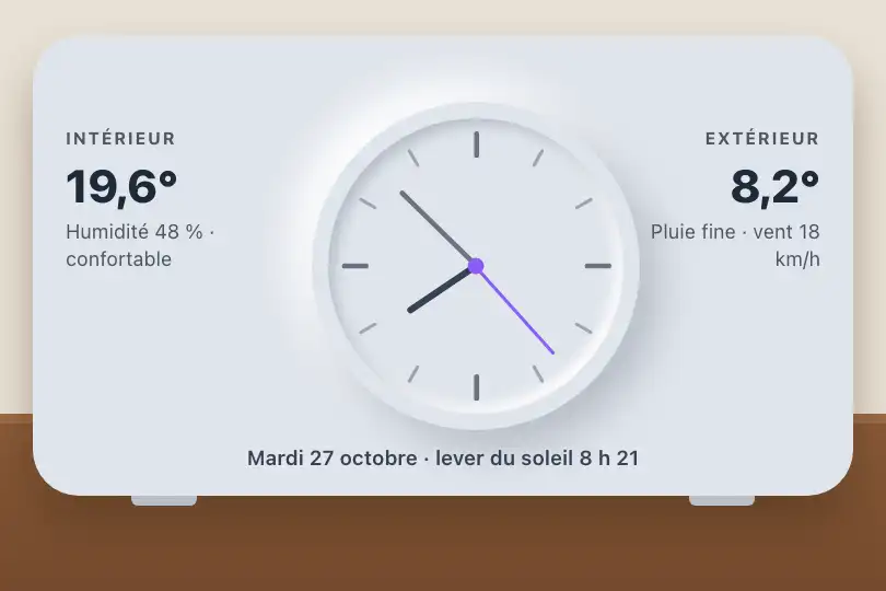 Heure de la station météo d'intérieur — écran posé sur le buffet — Neu Clock exemple 2