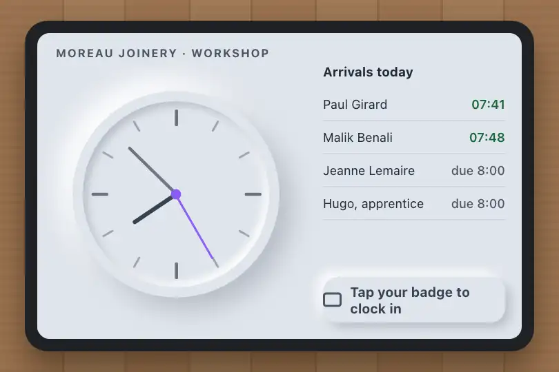 Touch time clock in a joinery workshop — Neu Clock example 3
