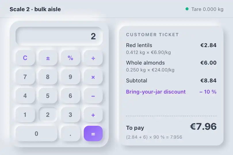 Price by weight — touch scale in a bulk grocery — Neu Calculator example 2