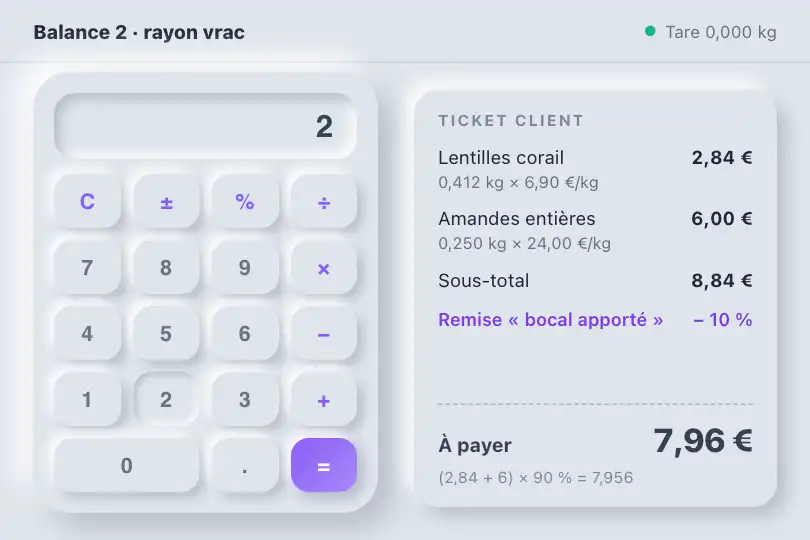 Calcul du prix au poids — balance tactile d'une épicerie vrac — Neu Calculator exemple 2