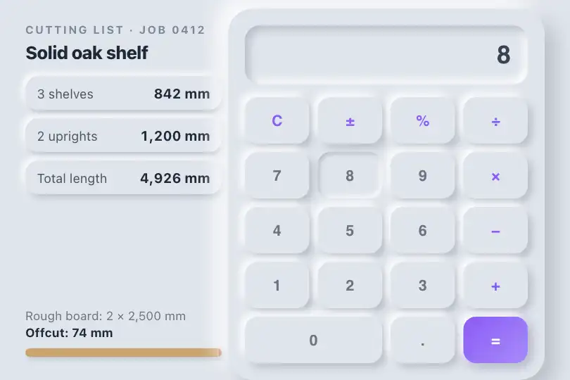 Measurements and cutting list — a joiner's workshop tablet — Neu Calculator example 3