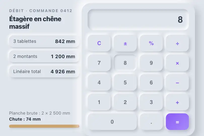 Cotes et débits — tablette d'un menuisier à l'atelier — Neu Calculator exemple 3