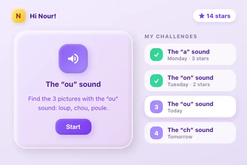 Today's reading challenge — a reading app for 6-year-olds — Claymorphism example 1