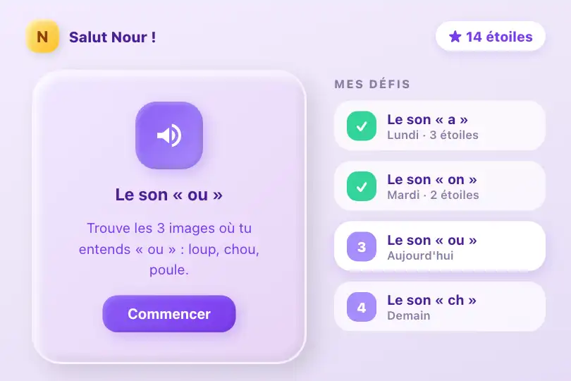 Défi lecture du jour — appli d'apprentissage de la lecture pour CP — Claymorphism exemple 1