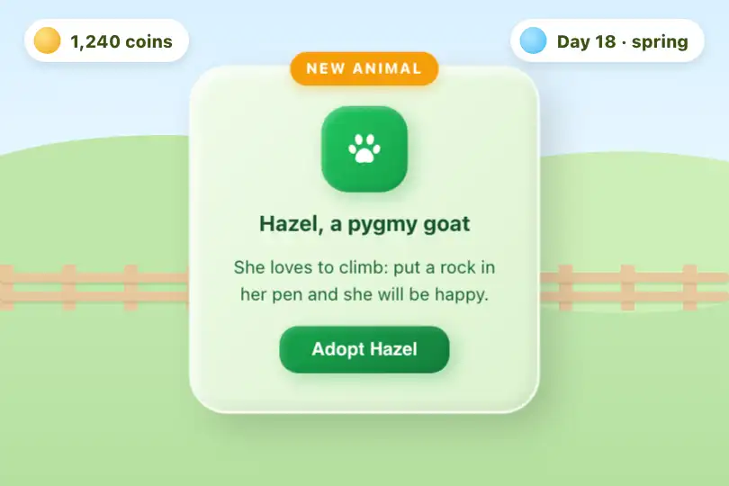 An animal to adopt — a farm game on tablet — Claymorphism example 2
