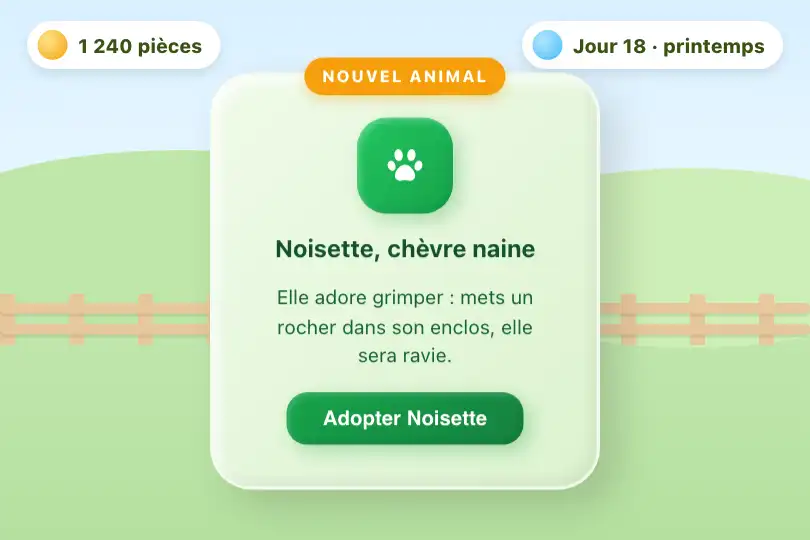 Carte d'un animal à adopter — jeu de ferme sur tablette — Claymorphism exemple 2