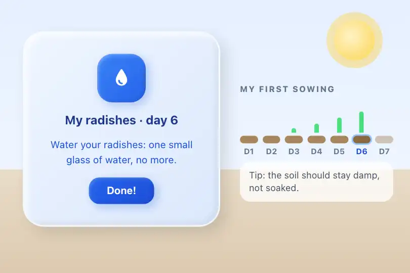 “My first sowing” card — companion app of a kids' gardening kit — Claymorphism example 3