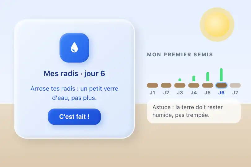 Carte « Mon premier semis » — appli compagnon d'un kit de jardinage pour enfants — Claymorphism exemple 3