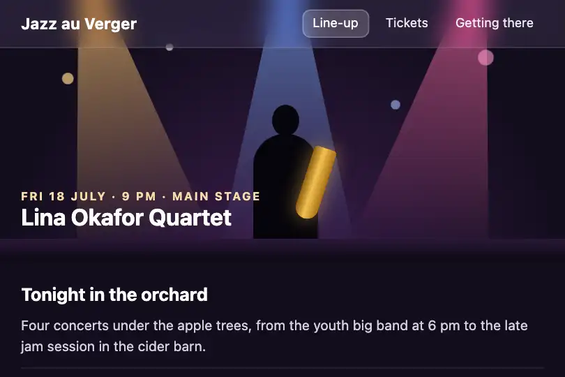 A jazz festival's menu above a photo-led line-up — Frosted Glass Navbar example 1