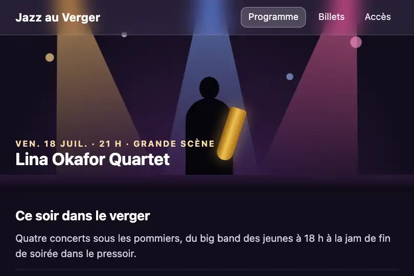 Menu d'un festival de jazz au-dessus de la programmation en photos — Frosted Glass Navbar exemple 1