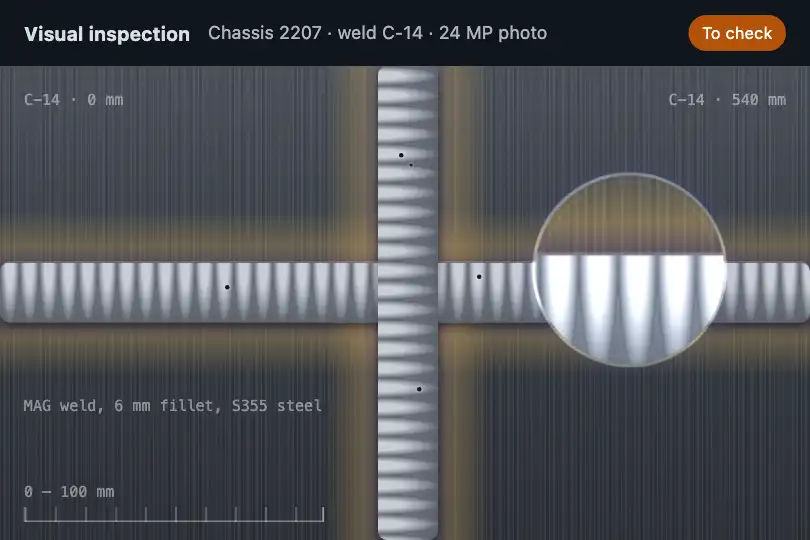 Spotting a defect on a weld photo — a factory quality control station — Liquid Lens Magnifier example 2